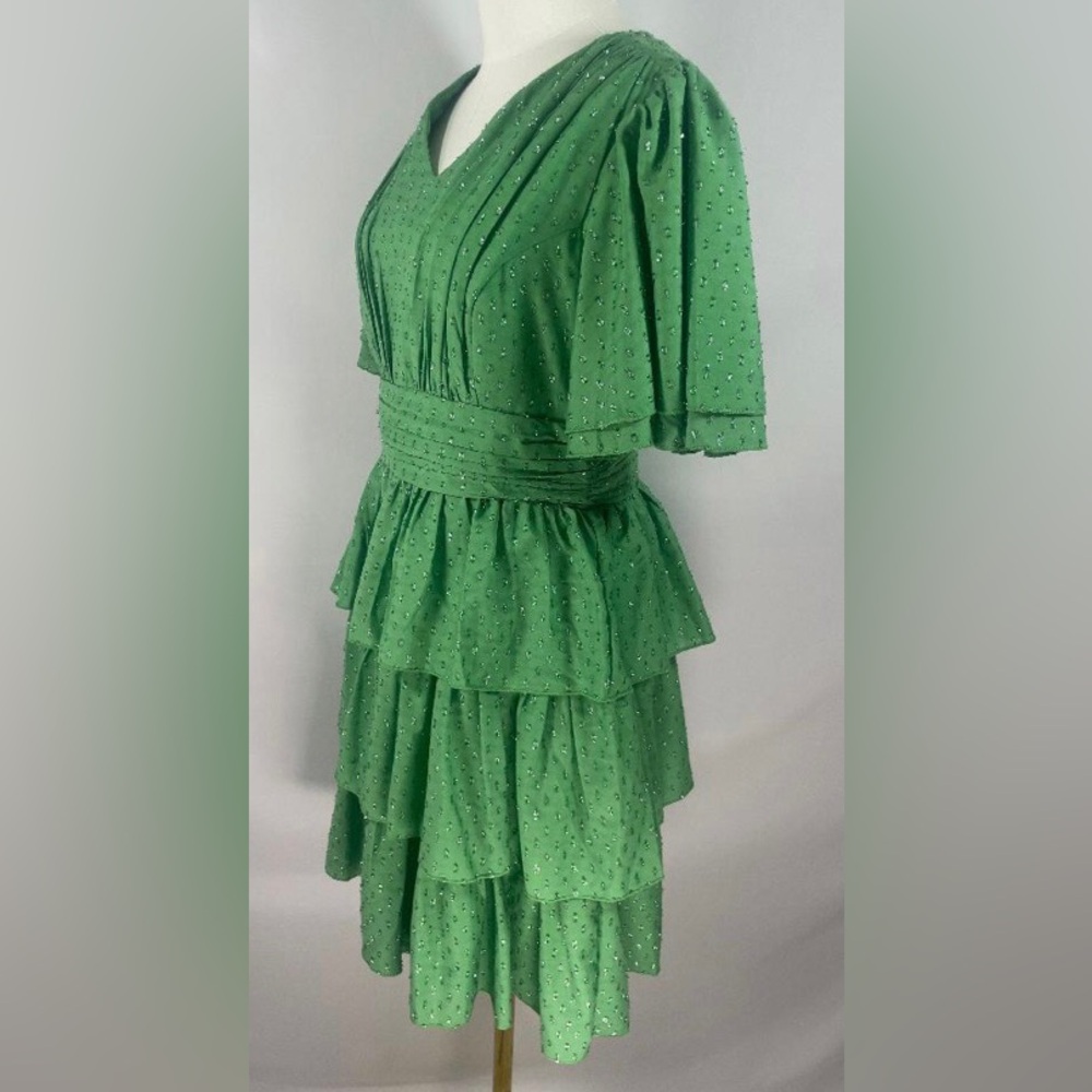 NWT JessaKae Selena Green Shimmer Swiss Dot Tiered Ruffle Mini Dress Size L - Picture 3 of 7